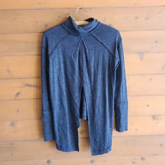 Free People Top Split Back Heathered Gray Turtleneck Blouse S Sweater Shirt Boho - Picture 3 of 5